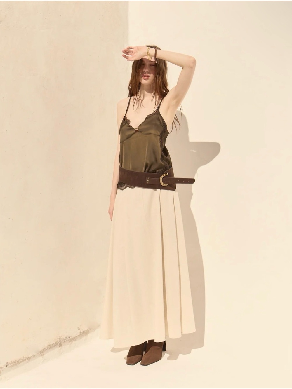 Deluc CLOUET SKIRT Long Maxi Linen Skirt Belt Khaki Beige Tan Size Small $98